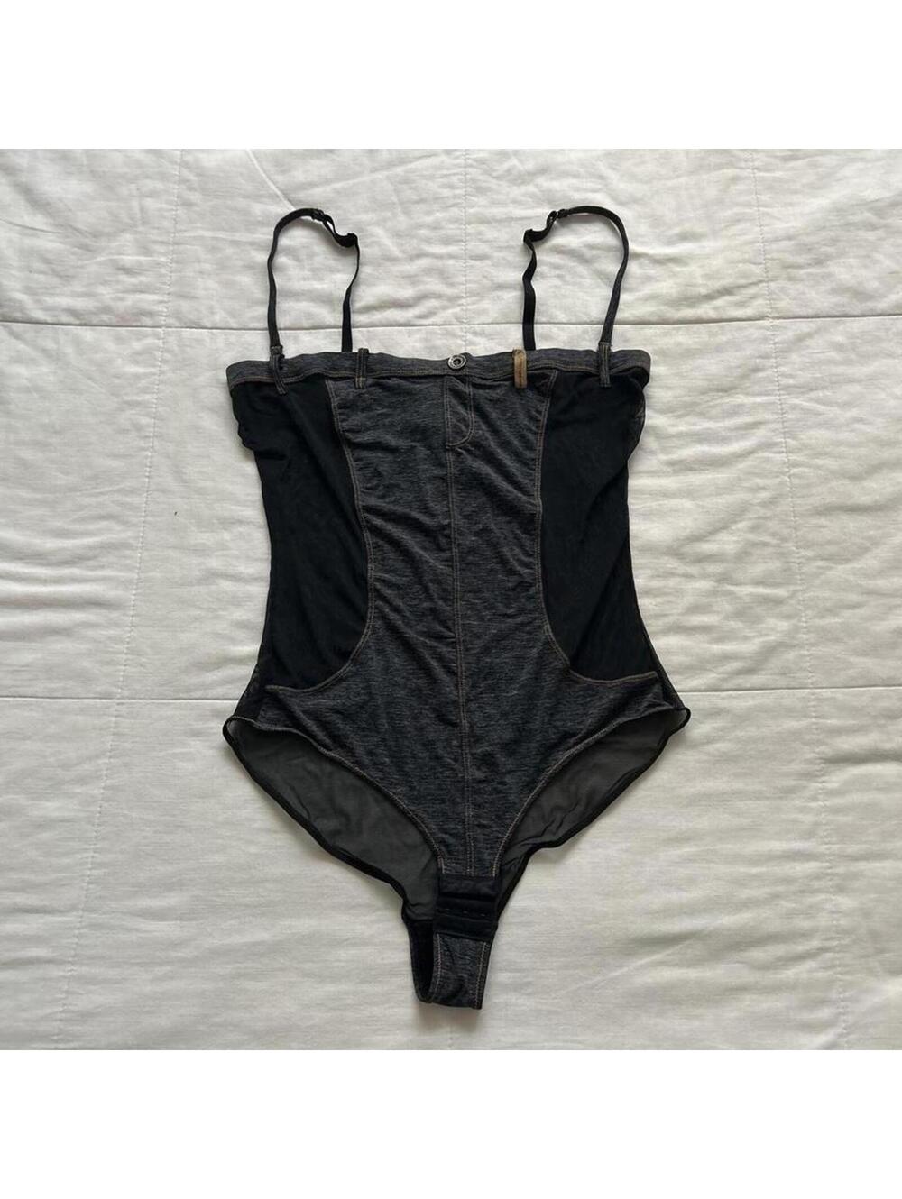 Y2K Diesel Denim Look Mesh Piecing Bodysuit Grunge Cool Girl Medium